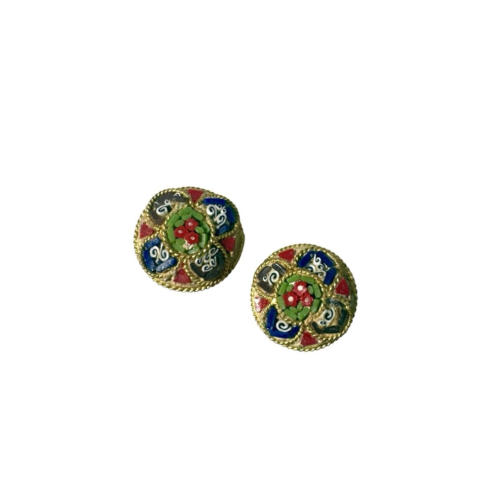 Vintage Italy Gold Tone Colorful Micro Mosaic Flower Round Clip On Earrings